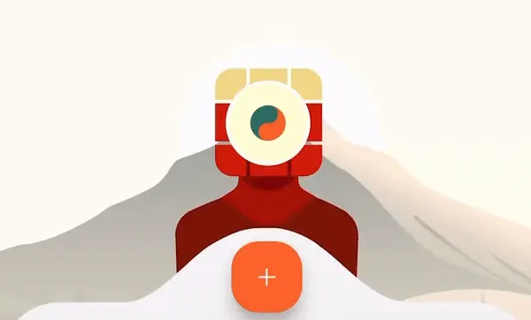 tTravels Maskottchen Me – eine minimalistische Figur mit würfelförmigem Kopf im Ruhezustand.